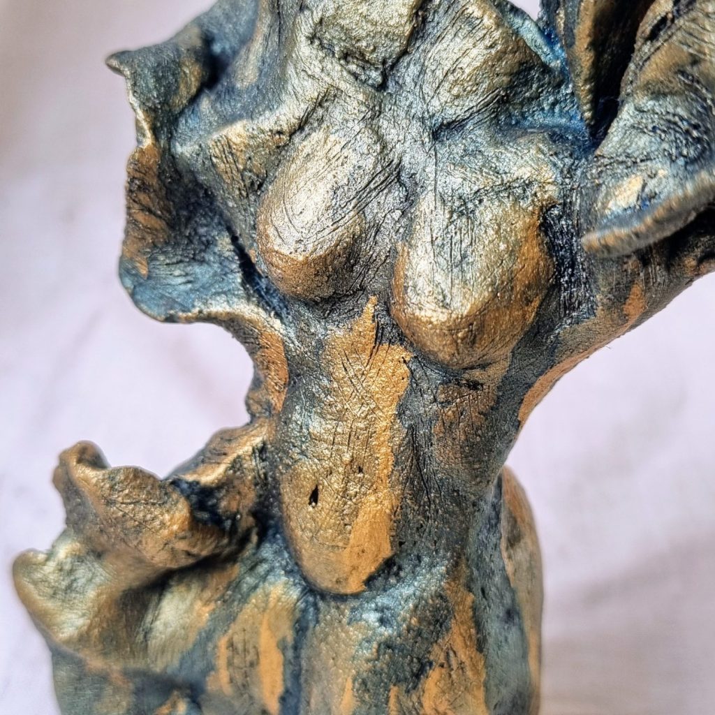 Gold and blue female torso nude art Karen Wilde New Zealand Contemporary Ceramic Sculpture Artist